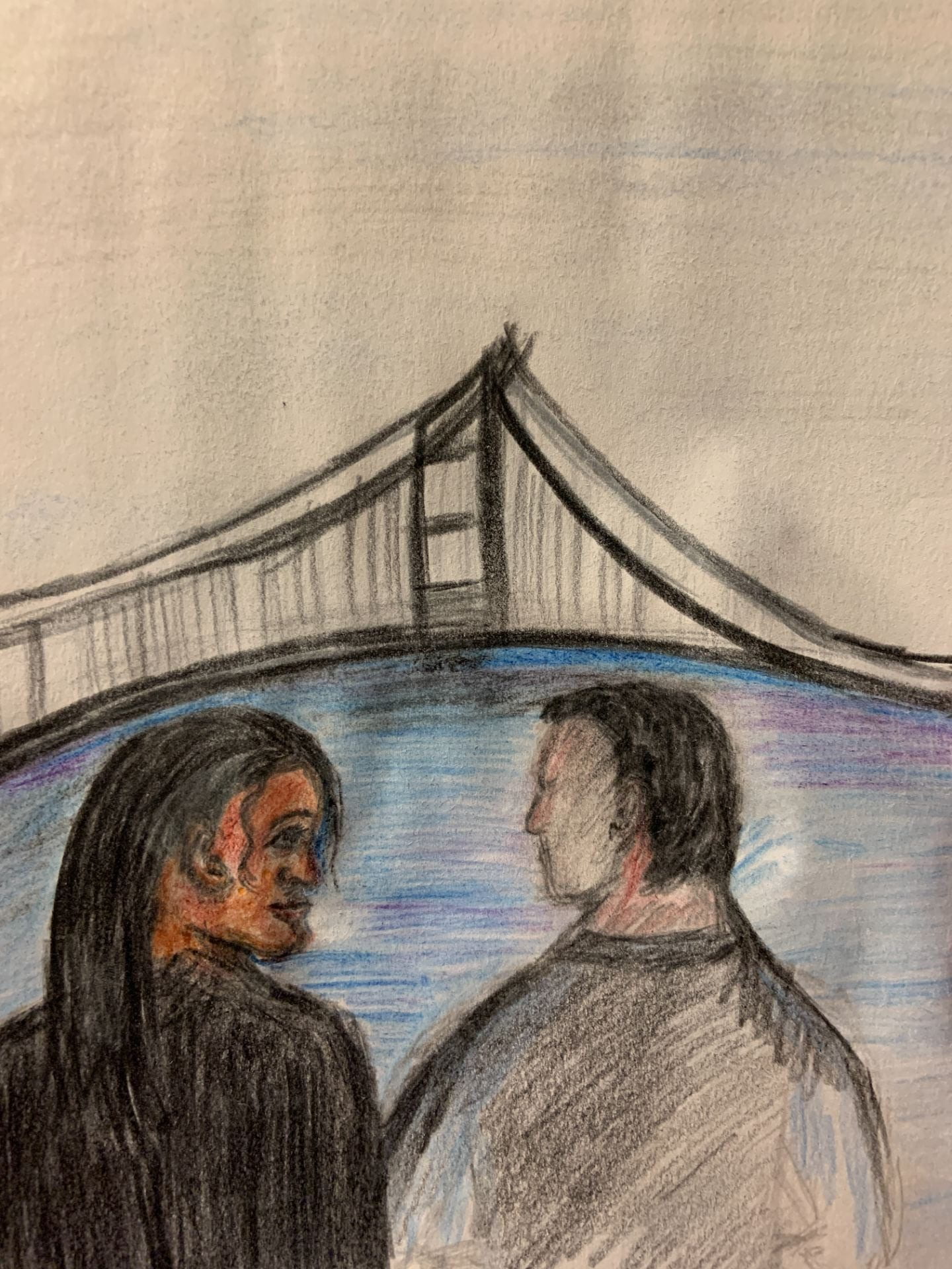 Print and paper. Two figures staring at each other against a backdrop of a bridge