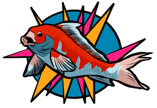 Digital art of a koi fish against a colorful background.