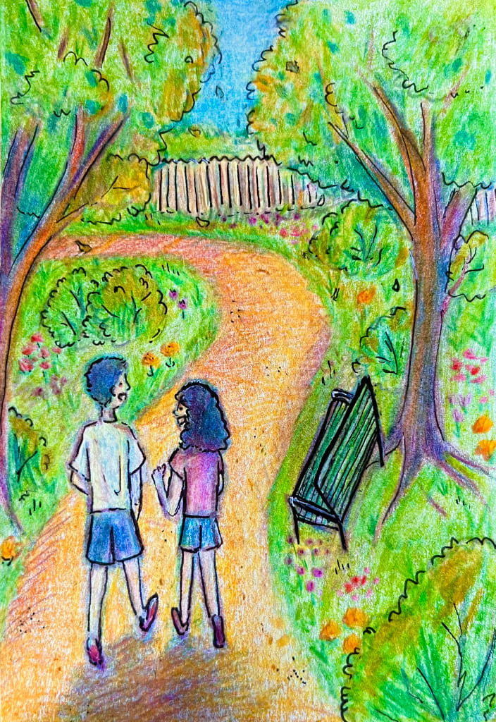 a drawing of a boy and a girl walking down a path with trees surrounding them