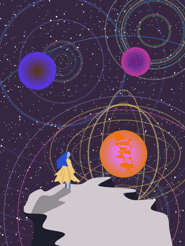 a digital art piece made out of geometric shapes that create a girl staring out the expanse of planets and space