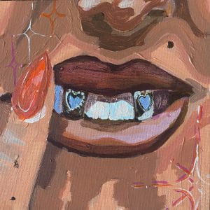 a painting of someone smiling with jewelry-encrusted teeth