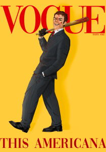 a digital art piece of a vogue cover with a laughing, bloody person in front