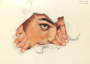 a drawing of a person peeking out through a ripped hole