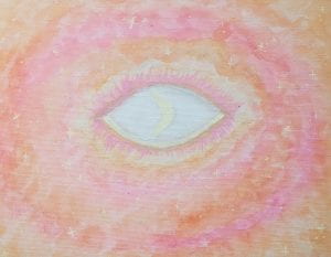 a painting of an opened eye with a half crescent in the middle, surrounded by lovely pinks, oranges, and yellows