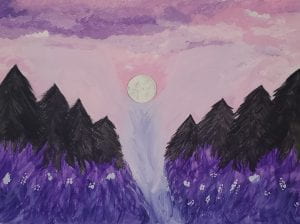 a painting of a forest displayed against a purple sky, with the moon centered in the middle