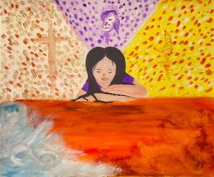 a painting of a girl surrounded by a colorful whirlwind of thoughts and pressures