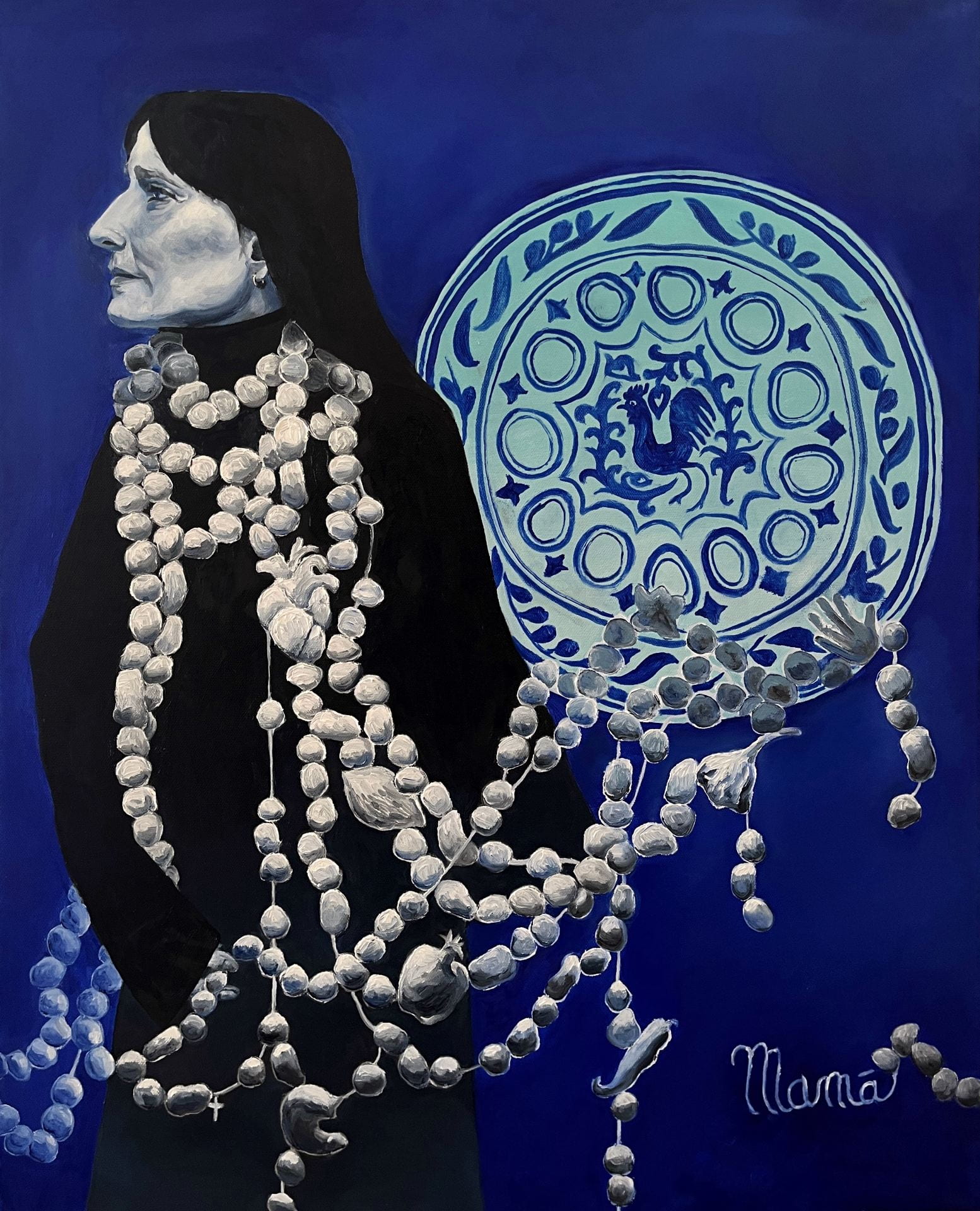 an artwork with a black-and-white nun against a blue surface with white beads trailing off her