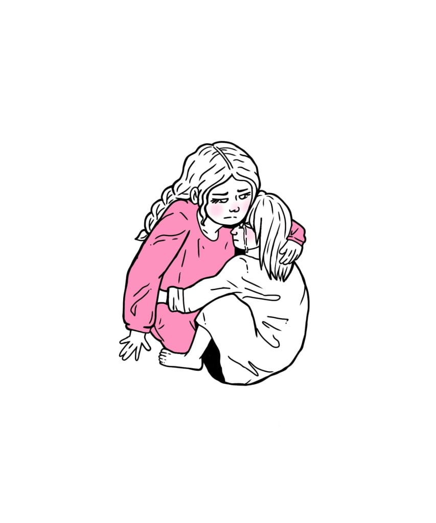 image of two sisters hugging each other. one is in pink, the other in white