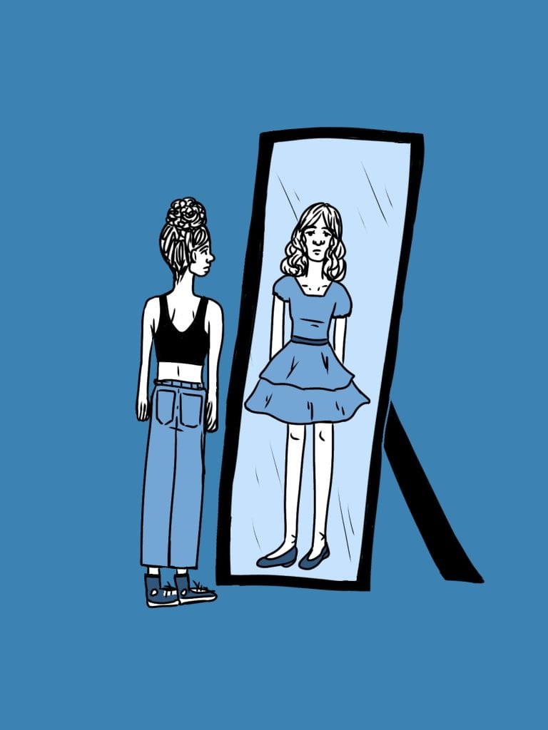 art of a girl looking into the mirror against blue backdrop
