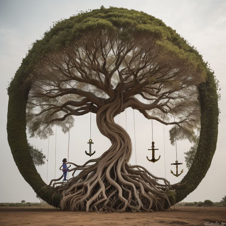 a tree inside a circle with anchors hanging down