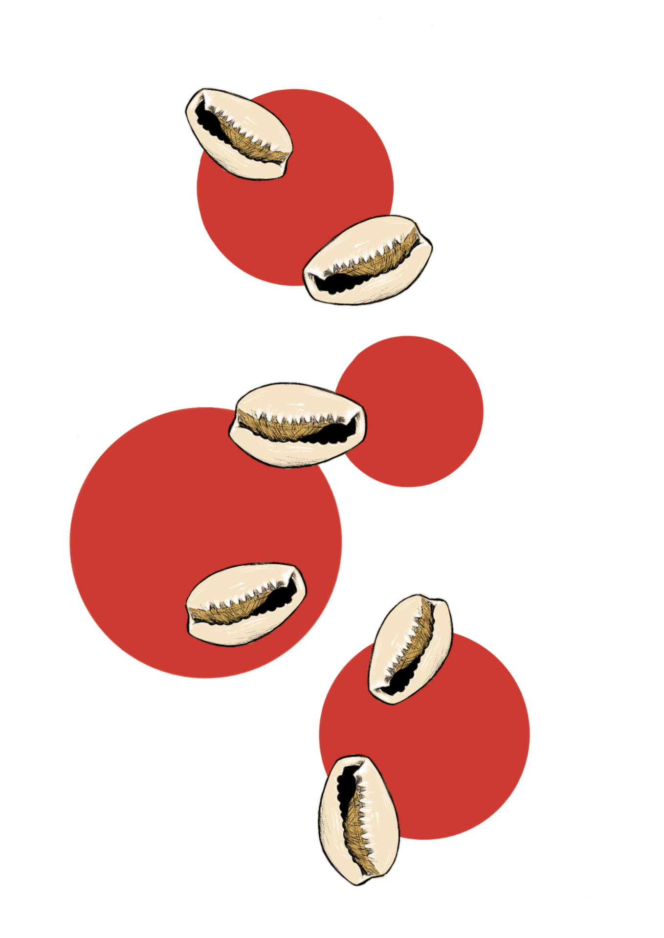 digital art of falling cowry shells among red circles