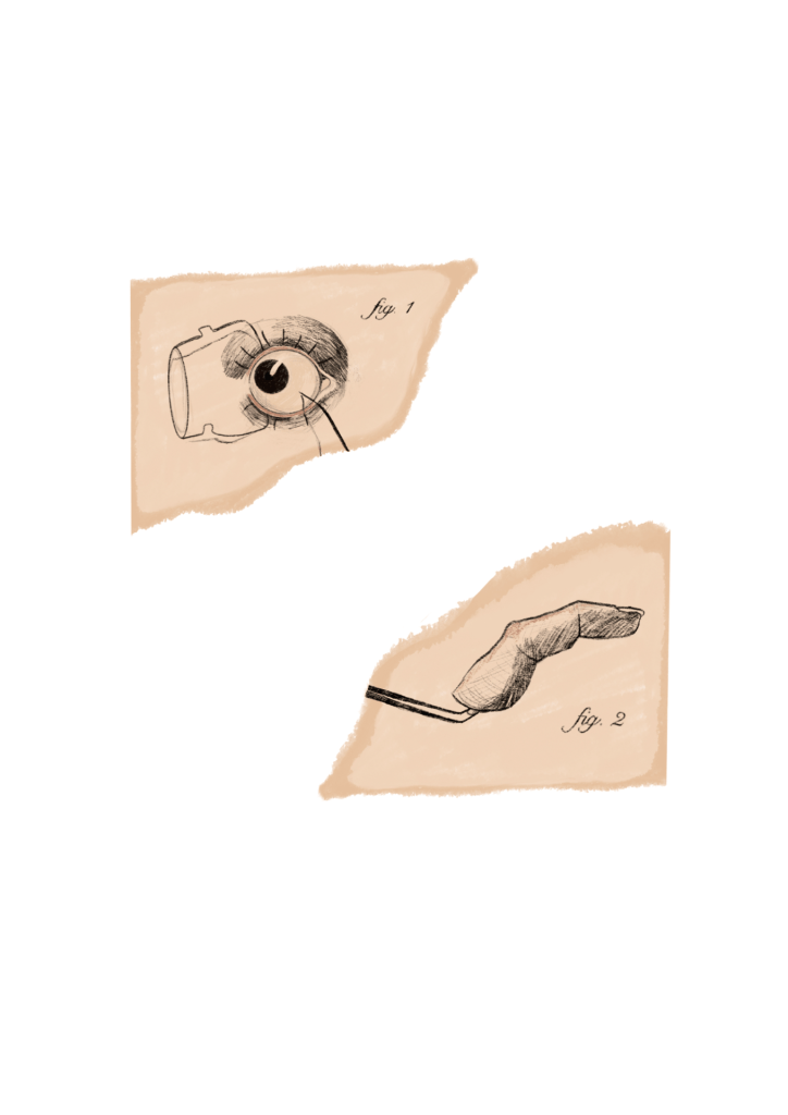drawing on two corners, one of a finger and the other of an eye