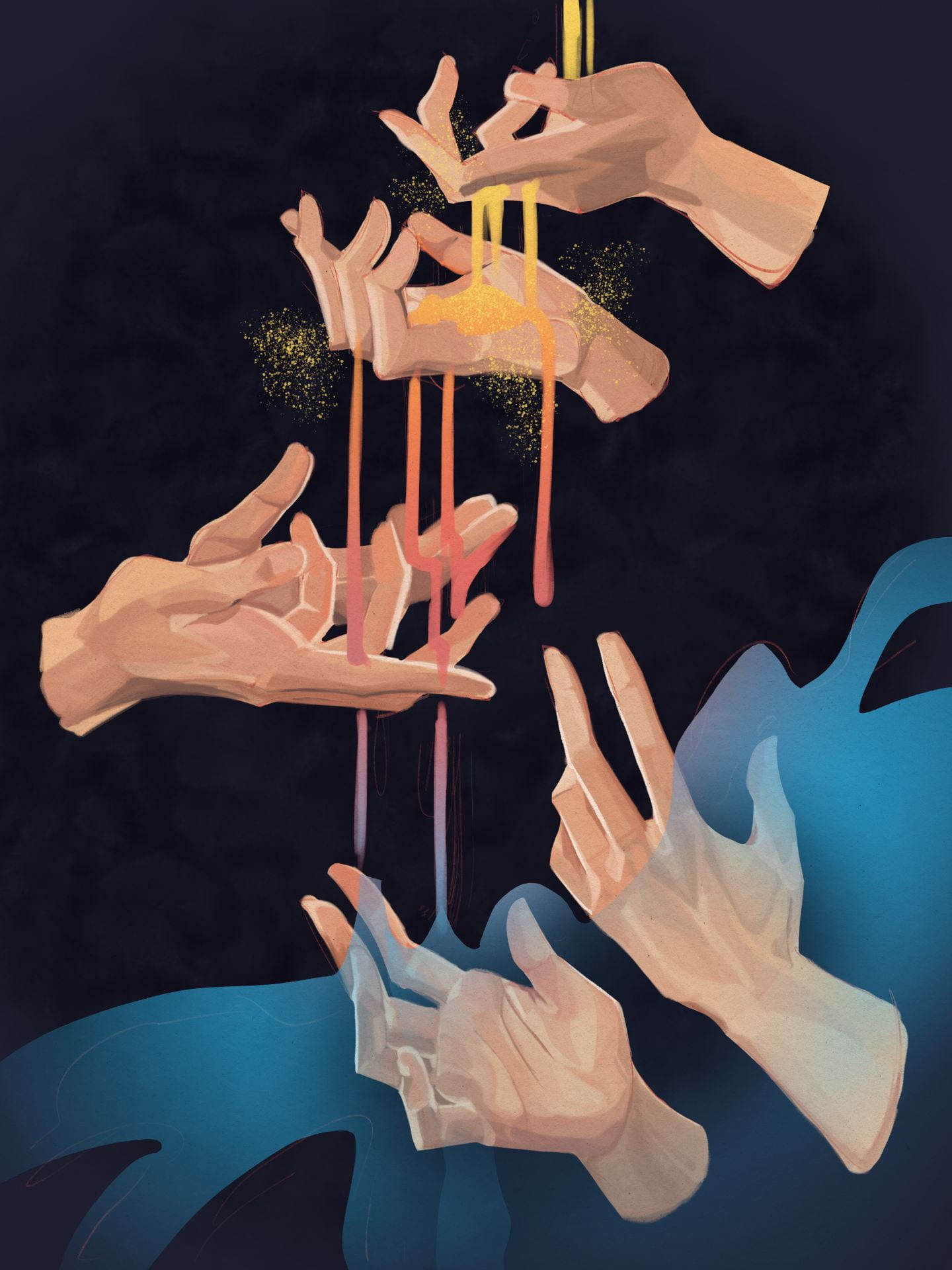 image of red liquid falling past five hands reaching against a blue background