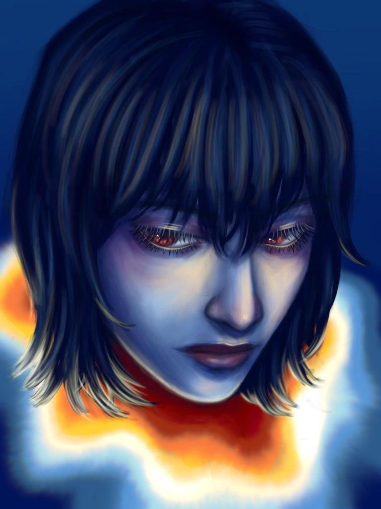 a blue-red image of a girl with short hair looking at the viewer