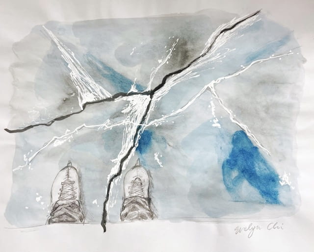 a painting of shoes against cracking ice and blue splotches