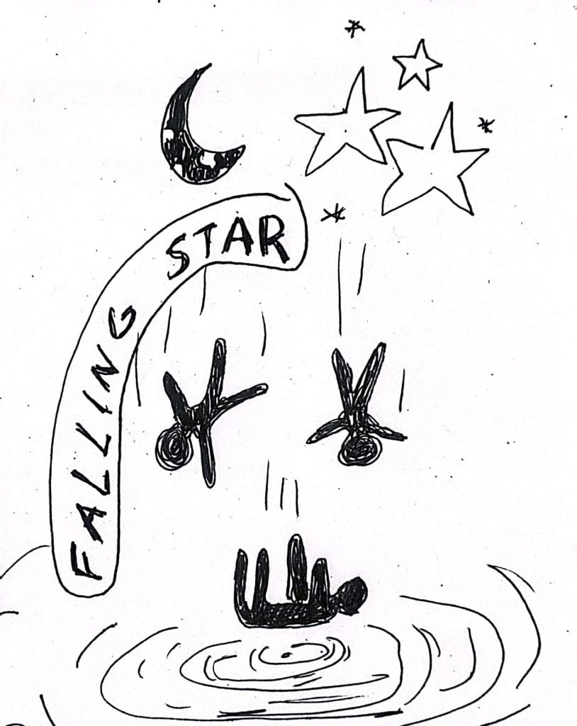 black and white sketch of bodies falling among a falling star