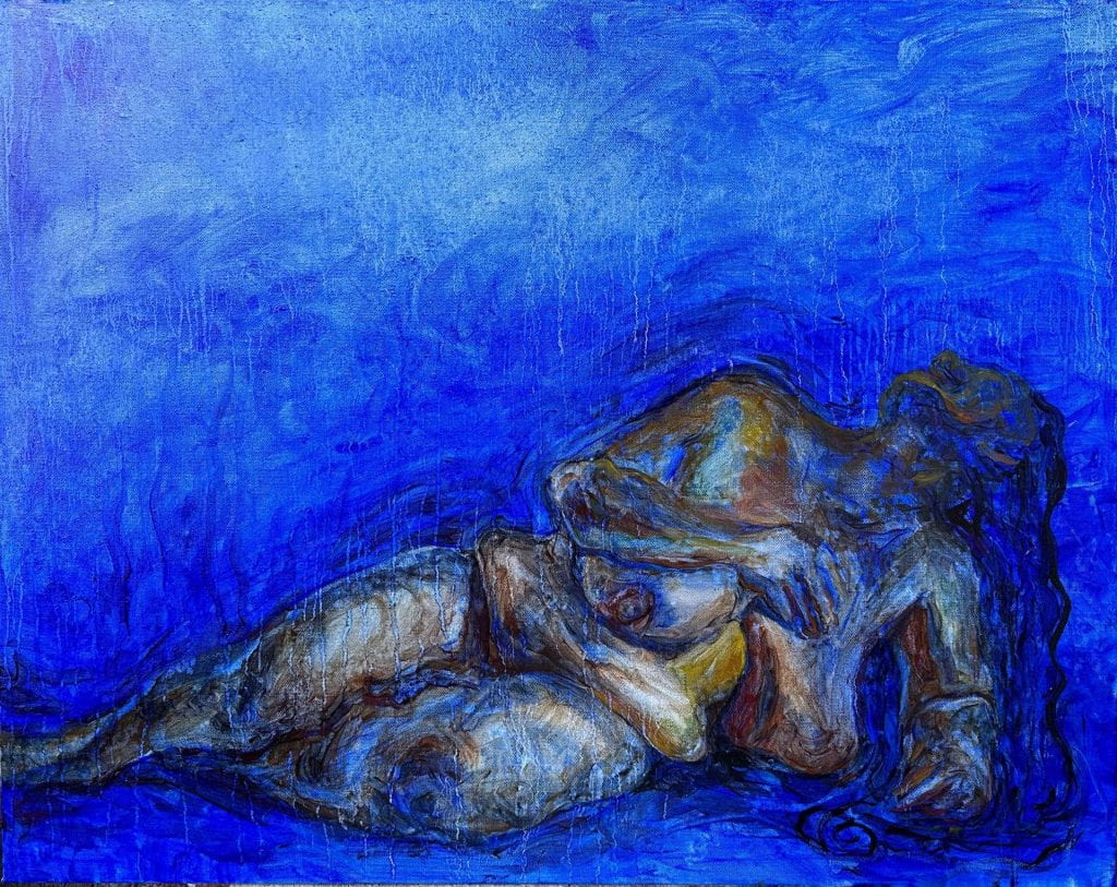 a deformed body of a woman lying in a sky of blue